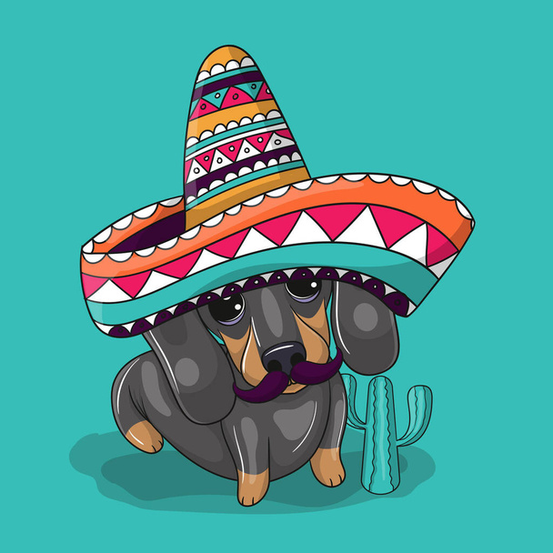 Χαριτωμένο σκυλί κινουμένων σχεδίων με καπέλο Μεξικού. κινκο ντε μαγιο - Διάνυσμα, εικόνα