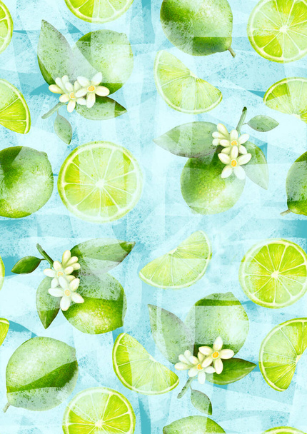 Padrão vertical com metade de limão, flores e folha verde no fundo azul, ilustração de estoque para design de decoração, impressão, banner, cartaz - Foto, Imagem