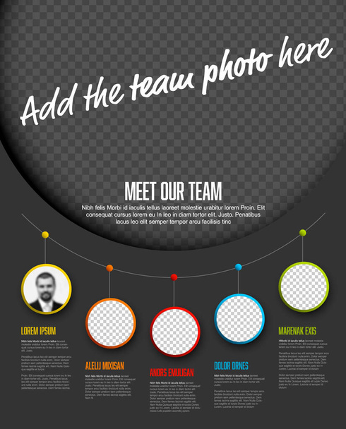 Dunkle Präsentationsvorlage des Firmenteams mit großem Teamfoto und Teamprofilfotos umkreisen Platzhalter mit einigen Beispieltexten über jedes Teammitglied - Foto-Teammitglieder Platzhalter mit Beschreibungen - Vektor, Bild