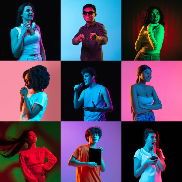 Коллаж портретов этнически разнообразных моделей мужчин и женщин, изолированных на многоцветном фоне в неоновом цвете - Фото, изображение