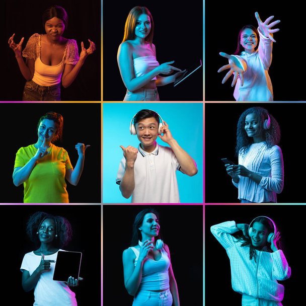 Collage de retratos de modelos masculinos y femeninos étnicamente diversos aislados sobre fondo multicolor en neón - Foto, imagen
