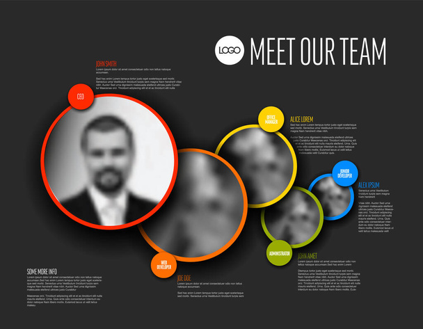 Темный шаблон презентации команды с размещением в кругу фотографий профиля команды с некоторым текстом образца о каждом члене команды - заполнителях группы фото с описаниями - Вектор,изображение