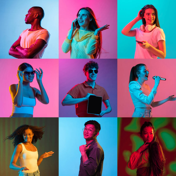 Collage of portraits of an ethnically diverse people isolated over multicolored background in neon - Fotoğraf, Görsel