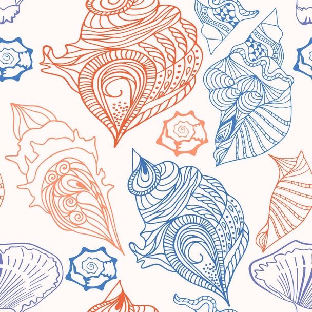 Seamless marine color delicate sea shell pattern. Vector clipart. - Vetor, Imagem