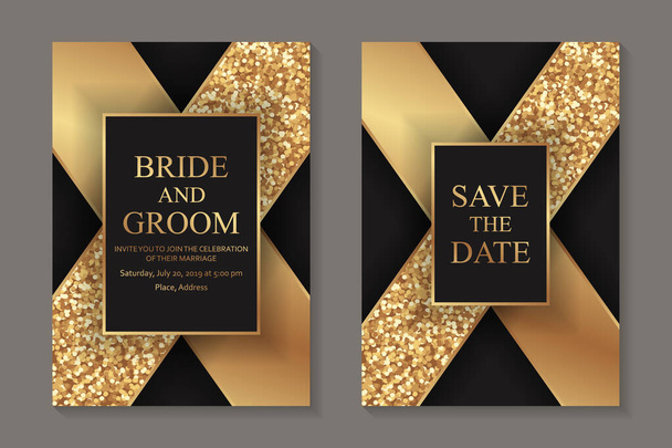 Set of modern luxury wedding invitation design or card templates for business or presentation or greeting with golden crossed stripes on a black background. - Vector, Image