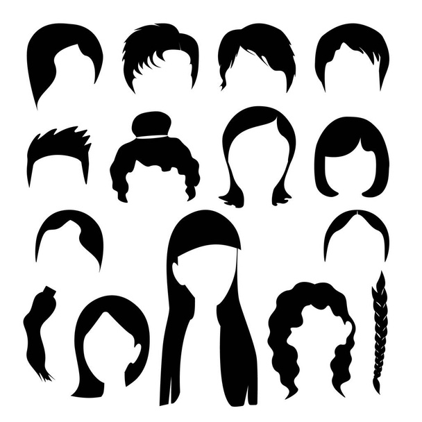 Fekete haj sziluettek gyűjteménye divatos frizurák vagy frizurák lányoknak, elszigetelt fehér háttér. Divat jpeg illusztráció - Fotó, kép