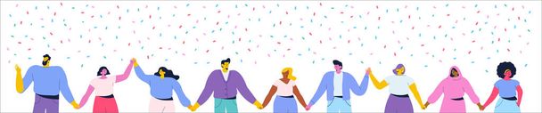 Team of multiracial and multicultural young men and women standing holding hands. - Vector, Image