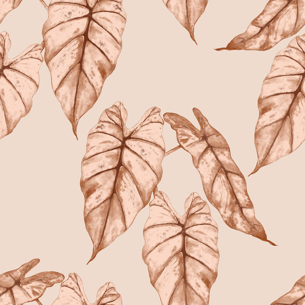 Hawaiian floral seamless patern with watercolor tropical leaves. Maranta. Fern. Exotic  spring or summer nature background. Monochrome texture for any kind of a design. - Foto, afbeelding