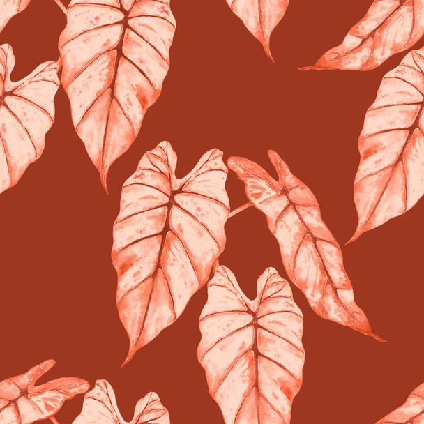 Hawaiian floral seamless patern with watercolor tropical leaves. Maranta. Fern. Exotic  spring or summer nature background. Monochrome texture for any kind of a design. - Foto, Imagem