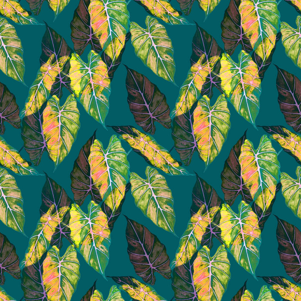 Hawaiian floral seamless patern with watercolor tropical leaves. Maranta. Fern. Exotic  spring or summer nature background. Colorful texture for any kind of a design. - Photo, Image