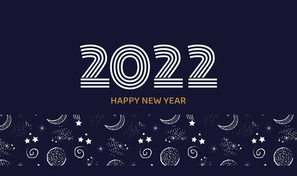 Postal o pancarta horizontal Feliz Año Nuevo 2022 en color azul oscuro con fondo espacial. Vector - Vector, imagen