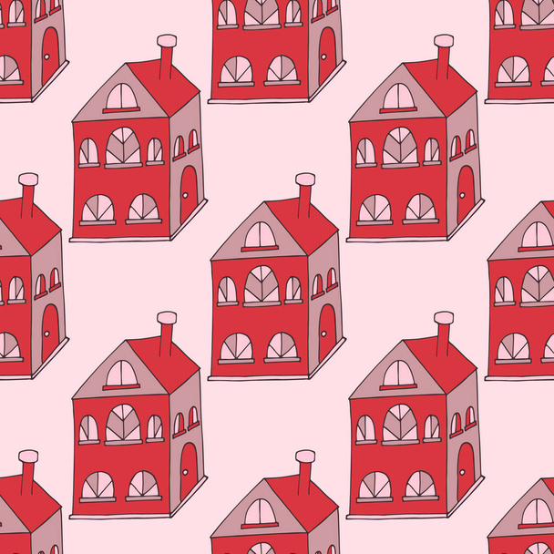 Cozy houses pattern, bright pattern with doodle house, bright red and pink pattern with buildings, cozy cottage vector seamless pattern - Vector, Image