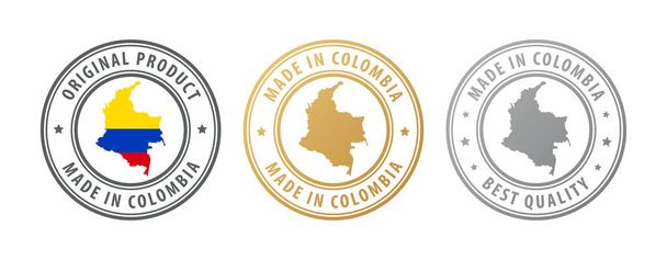 Valmistettu Kolumbiassa - sarja postimerkkejä kartalla ja lipulla. Parasta laatua. Alkuperäinen tuote. Vektoriesimerkki - Vektori, kuva