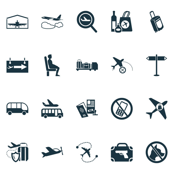 Luftfahrt-Symbole mit Torzeichen, Bus, Buy on Board und anderen Elementen der Flugzeugversicherung. Isolierte Vektor-Illustration Luftfahrt-Symbole. - Vektor, Bild