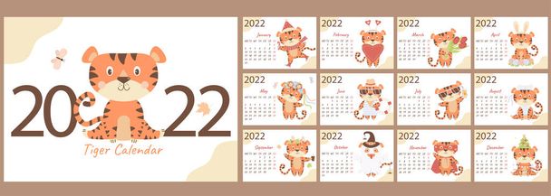 Année 2022 Modèle de calendrier. Un ensemble de 12 pages et une couverture avec un tigre mignon. La semaine commence lundi. Année du Tigre dans le calendrier chinois ou oriental. Illustration vectorielle - Vecteur, image