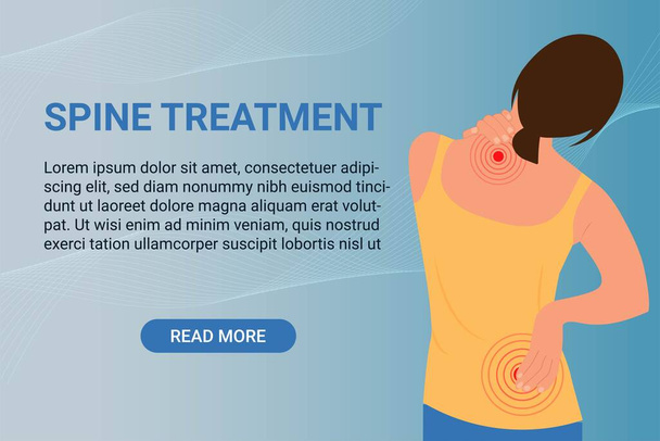 Spine treatment banner with Young woman holding hands on neck in back pain.Pain in Necklifts  Neck injury.Vector illustration  - Vektör, Görsel