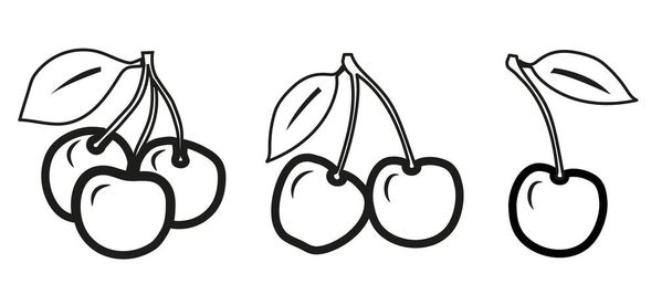 Vector Set of fruits - a lone cherry, two and three cherries with leaves  - black art lines on white background. Illustration isolated, easy to edit and ready to use icons. - Vettoriali, immagini