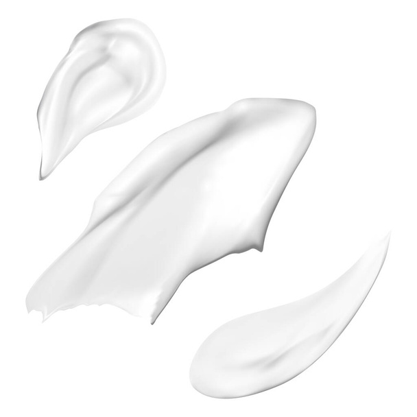 Cream texture. Face cream smear swatch, lotion stroke, facial skin care gel drop illustration. Foundation mousse brush stroke set. Smooth drop sample, realistic gloss blush - ベクター画像
