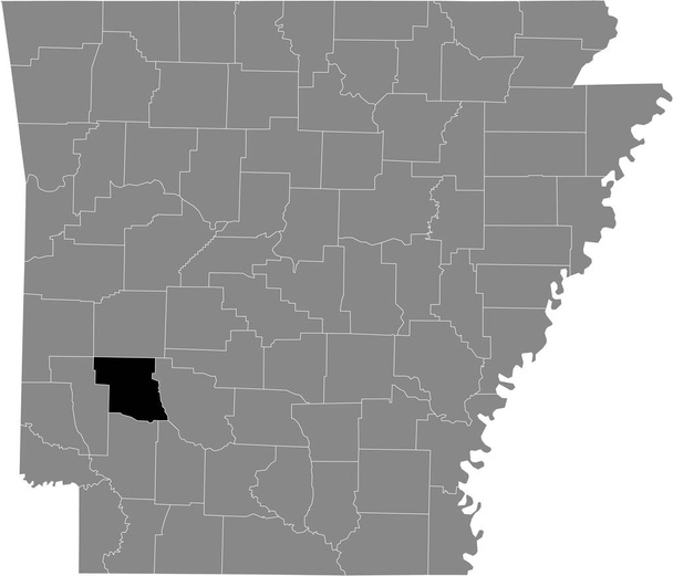 アメリカ合衆国アーカンソー州の灰色の地図の中のアメリカパイク郡の黒いハイライトされた位置図 - ベクター画像