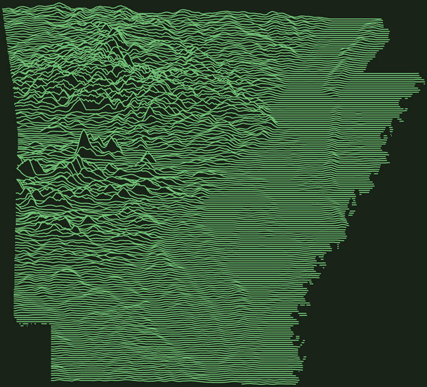 Topografische militärische Radarkarte des Bundesstaates Arkansas, USA mit smaragdgrünen Höhenlinien auf dunkelgrünem Hintergrund - Vektor, Bild
