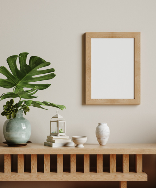 Mock up frame in cozy beige home interior background, 3d render - Foto, immagini