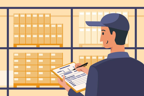 Warehouse Manager Checking or Inspecting Available Stock while Writing Report Data in Paper Document. - Vector, Image
