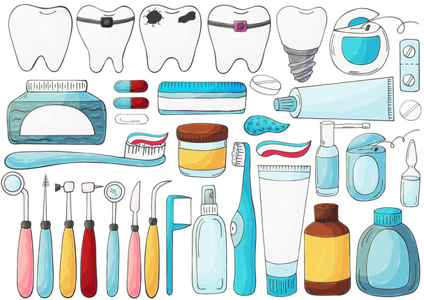 Набор элементов для ухода за полостью рта в стиле ручной работы. Чистка зубов, здоровье зубов, стоматологические инструменты. Зубная нить, паста - Вектор,изображение