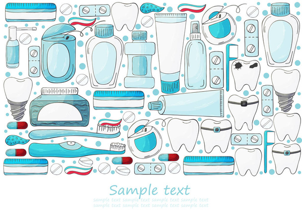 Rectangular flyer, banner. Set of elements for the care of the oral cavity in hand draw style. Teeth cleaning, dental health. Teeth, floss, brush, paste, rinse - Vector, Image