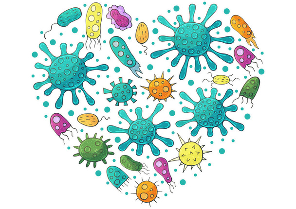 Herzvektorsatz aus Gestaltungselementen. Set von Cartoon-Mikroben im Handzeichnen-Stil. Coronavirus, Viren, Bakterien, Mikroorganismen - Vektor, Bild