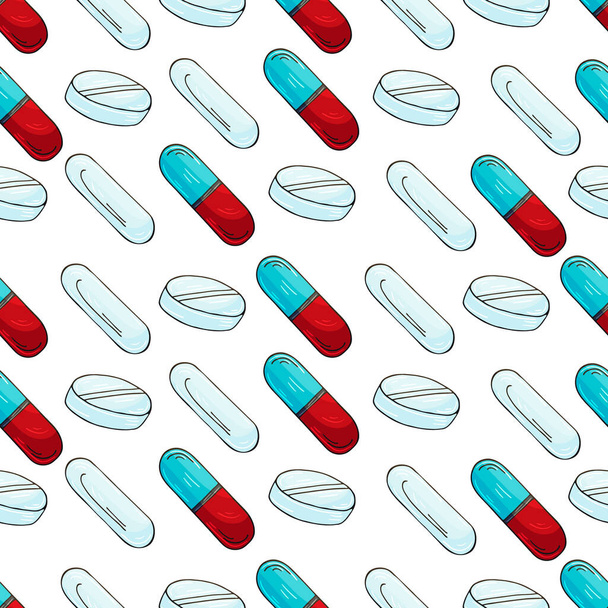 Vektornahtloses Muster auf weißem Hintergrund. Cartoon Medikamente in der Hand zeichnen Stil. Hintergrund für Verpackung, Werbung - Vektor, Bild