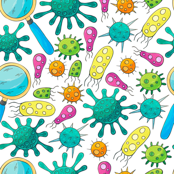 Vektori Saumaton kuvio bakteerit ja mikrobit. Etsi viruksia, suurennuslasi. Sarjakuva mikrobit kädessä piirtää tyyli. Coronavirus, virukset - Vektori, kuva