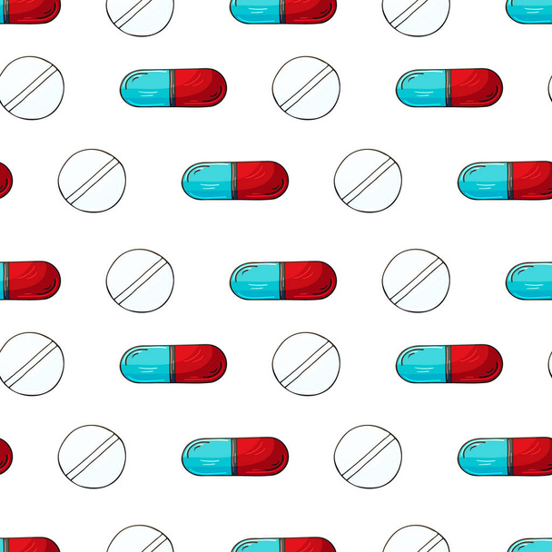Cartoon Medikamente in der Hand zeichnen Stil. Nahtloses Muster auf weißem Hintergrund. Hintergrund für Verpackung, Werbung - Vektor, Bild