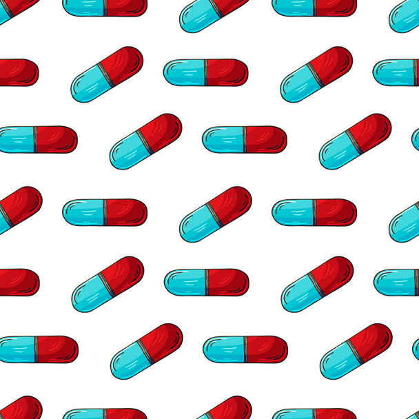 Cartoon Medikamente in der Hand zeichnen Stil. Nahtloses Muster auf weißem Hintergrund. Hintergrund für Verpackungen, Werbung für Tablets - Vektor, Bild