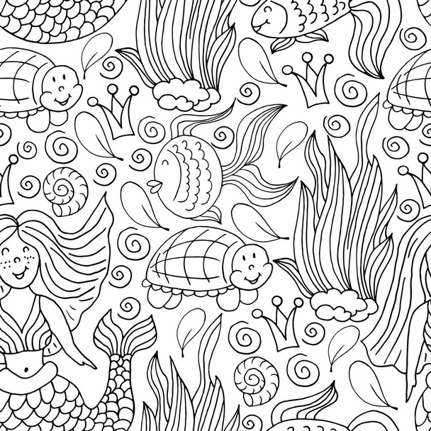 Elinizde kusursuz bir çizim şekli var. Çizgi çizimi. Denizci temasının arka planı. Deniz kızı, kaplumbağa, yosun. - Vektör, Görsel