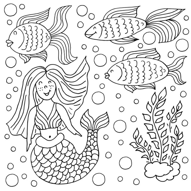 Набор иконок в стиле ручной работы. Линейная иллюстрация. Коллекция рисунков на морскую тематику. Русалка, рыба, водоросли - Вектор,изображение