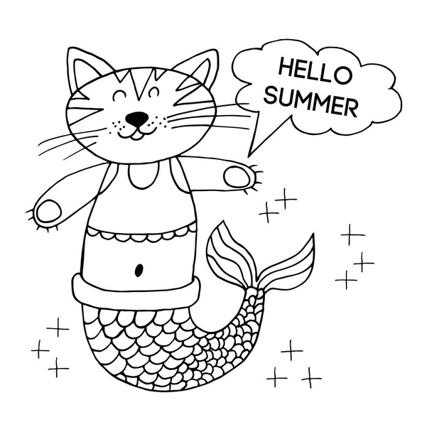 Elinde güzel bir kartpostal var. Çizgi çizimi. Deniz temalı bir resim. Denizkızı kedisi. Merhaba yaz. - Vektör, Görsel