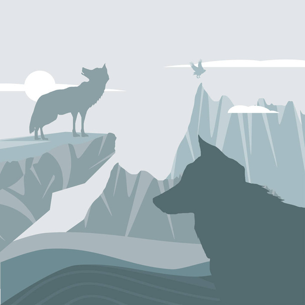 silhouette wolves in mountains landscape - Vector, Imagen