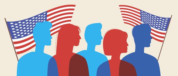 Силуэты американок с флагом Америки. Цветовая векторная иллюстрация. Люди граждане США. Толпа машет флагом. Концепция патриотизма, гордости, протеста. Иллюстрация силуэта - Вектор,изображение