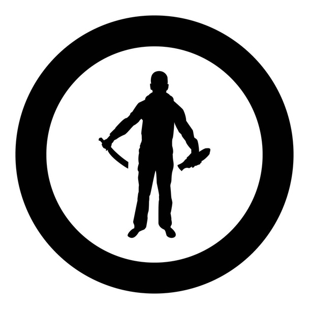 Man with sword machete remove sheath scabbard Cold weapons in hand military man Soldier Serviceman in various positions Hunter with knife Fight poses Strong defender Warrior concept Weaponry Standing silhouette in circle round black color vector illu - Vector, Image