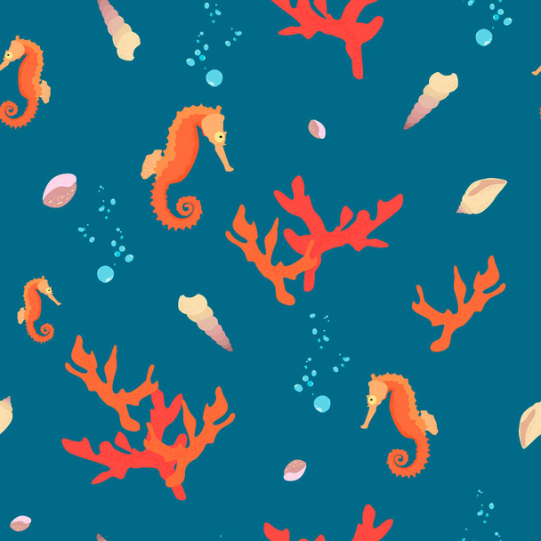 Sea horses with seashells and corals vector seamless pattern EPS10 - Vektor, kép