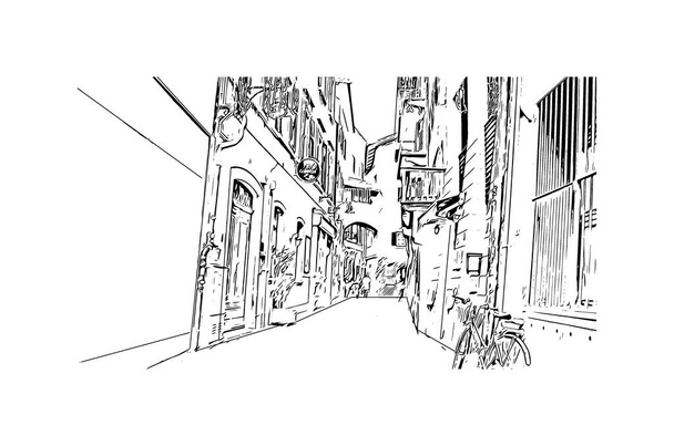Das Gebäude mit dem Wahrzeichen von Bozen ist die Stadt in Italien. Handgezeichnete Skizzenillustration im Vektor. - Vektor, Bild