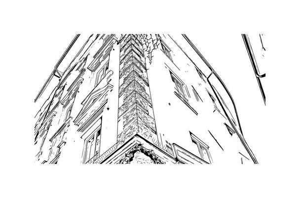 Afdrukken Gebouw uitzicht met bezienswaardigheid van Bolzano is de stad in Italië. Handgetekende schets illustratie in vector. - Vector, afbeelding