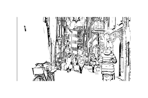 Вид на Print Building з пам'яткою Больцано - місто в Італії. Намальована вручну ілюстрація у векторі. - Вектор, зображення