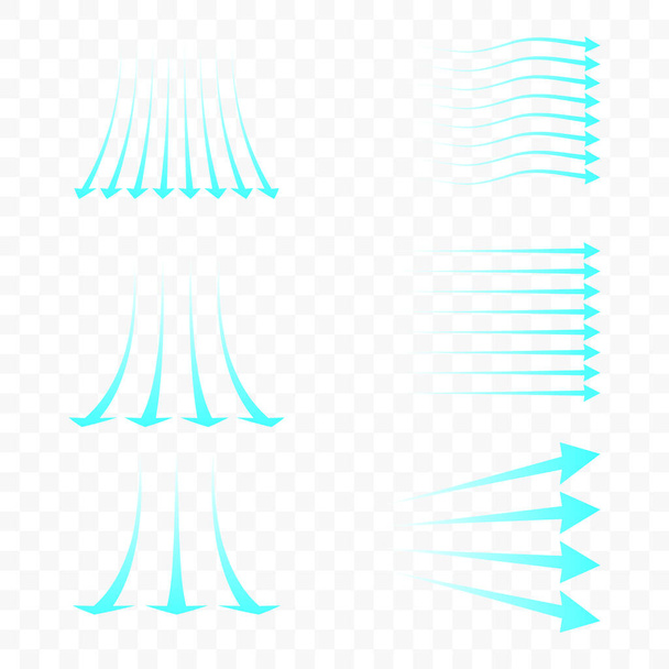 Set of blue arrow showing air flow. Blue stream of cold air from the conditioner. Clean fresh air flow. Wind direction. Isolated on transparent background. - Vetor, Imagem