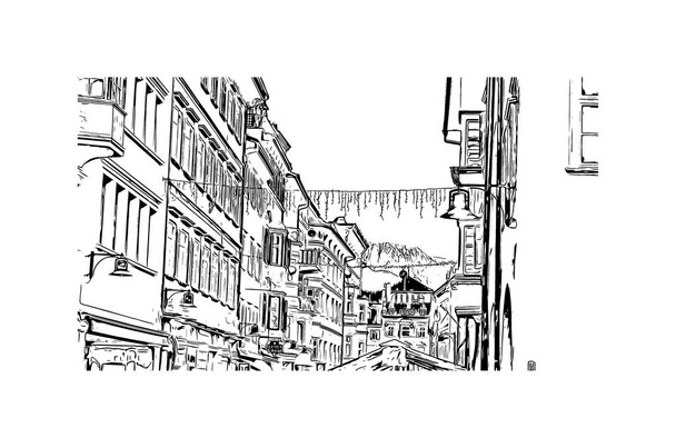 Вид на Print Building з пам'яткою Больцано - місто в Італії. Намальована вручну ілюстрація у векторі. - Вектор, зображення