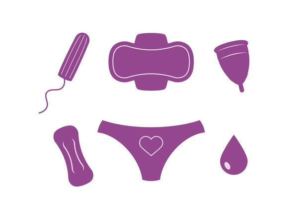 Productos menstruales de las mujeres icono conjunto de vectores. Almohadilla sanitaria, tampón, iconos púrpura taza aislados sobre un fondo blanco. Vector de herramientas de higiene menstrual femenina - Vector, Imagen