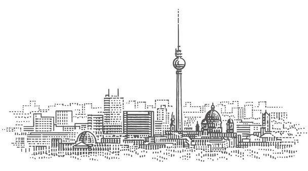 Берлинская гравюра городского пейзажа. Современный городской рисунок. Вектор. - Вектор,изображение