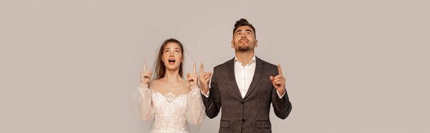 excited newlyweds looking up and pointing with fingers isolated on grey, banner - Photo, Image
