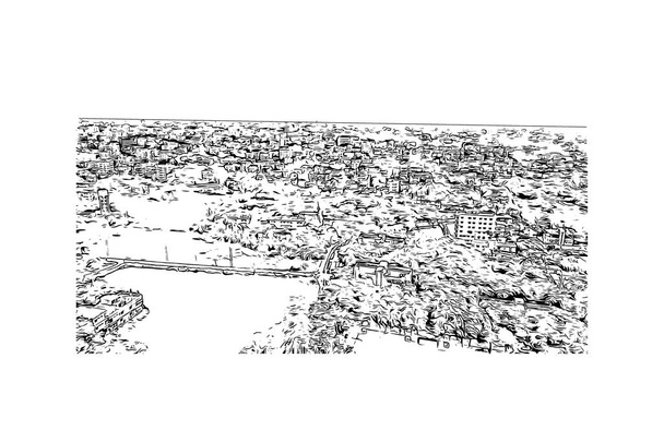 Print Building view with landmark of Bogura a város Banglades. Kézzel rajzolt vázlat illusztráció vektorban. - Vektor, kép