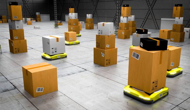 Autonomiset robotit siirtävät paketteja varastossa - 3D-kuvitus - Valokuva, kuva